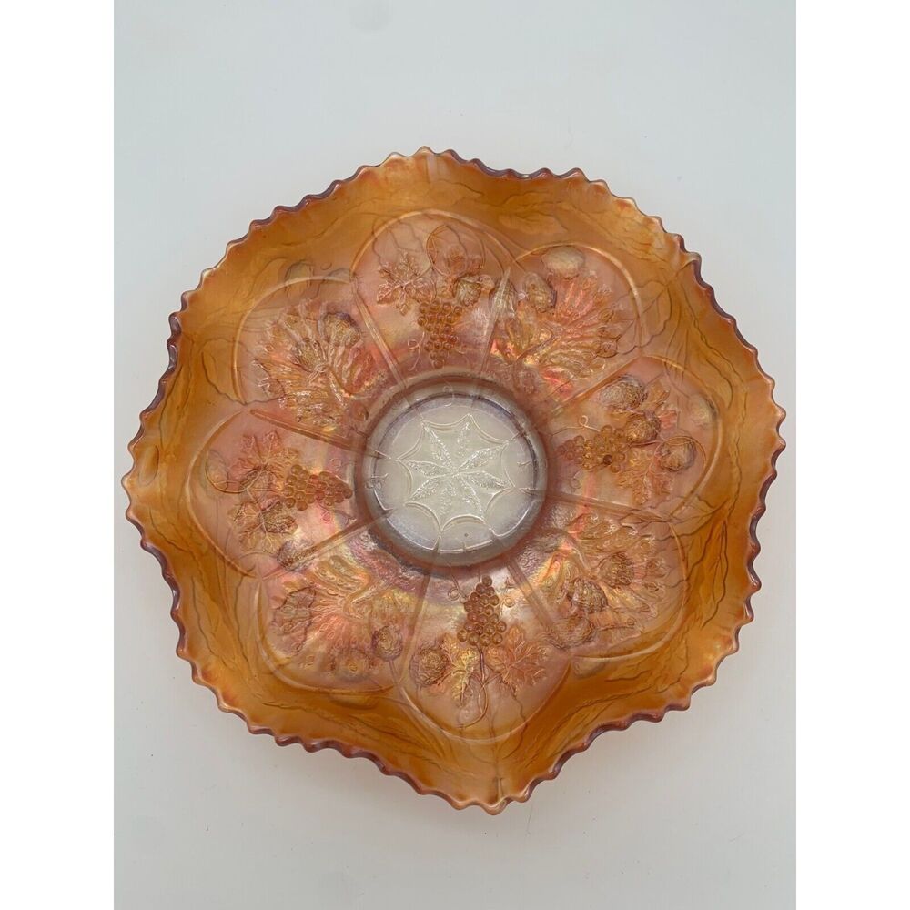 Vtg Fenton Glass Peacock And Grape Marigold Carnival Glass Footed Bowl 9”